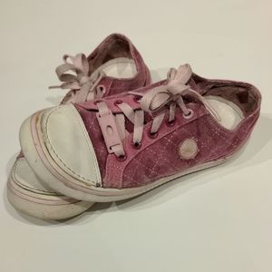 Kids size 5 Pink argyle fabric upper lace up Crocs Hover summer water fun shoes